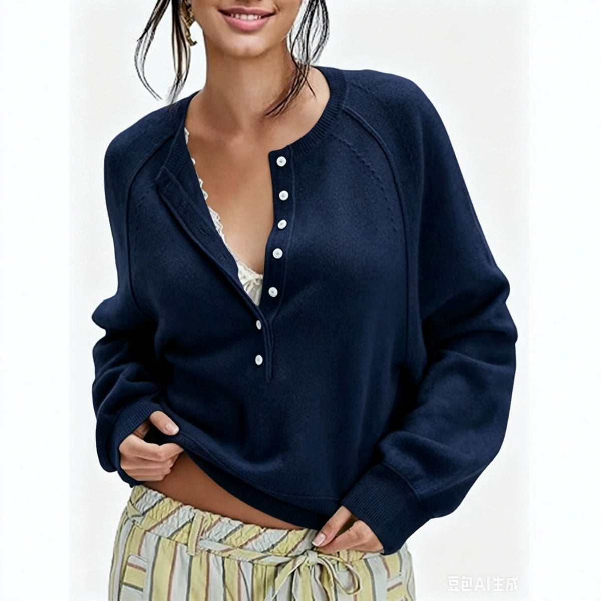 Womens Button-front Half-placket Sweater Top