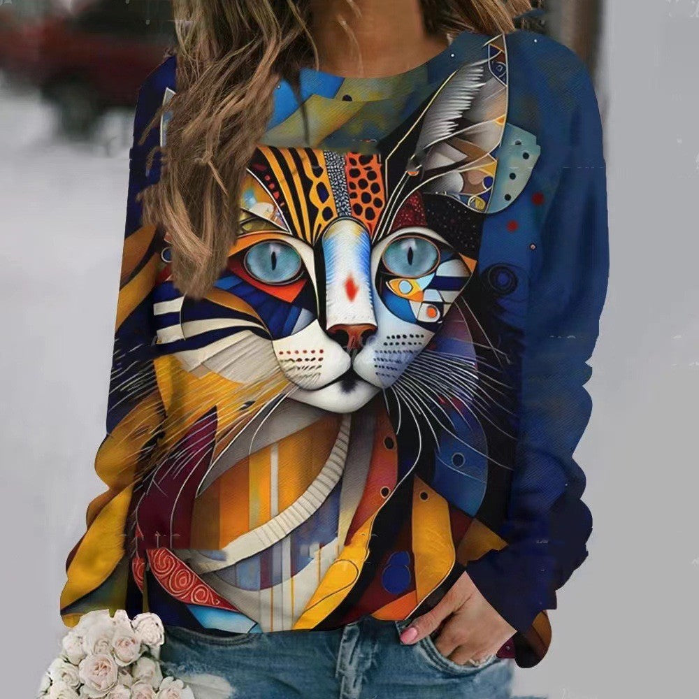 Women's 3D Digital Print Round Neck Pullover Sweater
