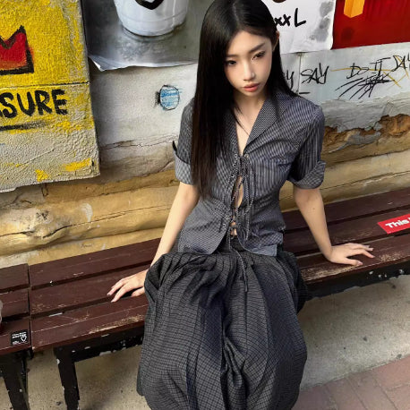 Sweet Cool Girl Style Striped Printed Hollow Personality Niche V-neck Lace Up Half Sleeve Outer Shirt