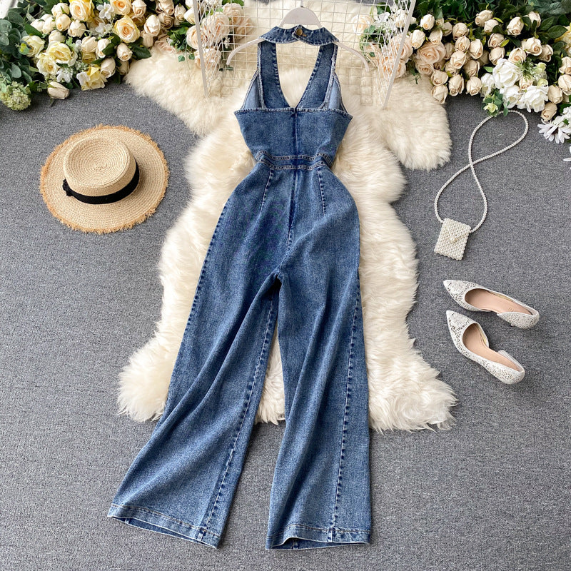 Elegant Neck-hanging Sleeveless Open-back High-waist Slimming Wide-leg Pants
