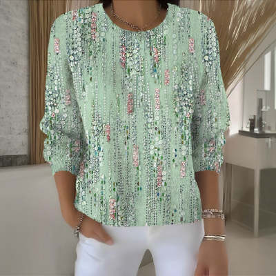 Stylish 3D Print Long-Sleeve Crew Neck Top – Fresh & Trendy