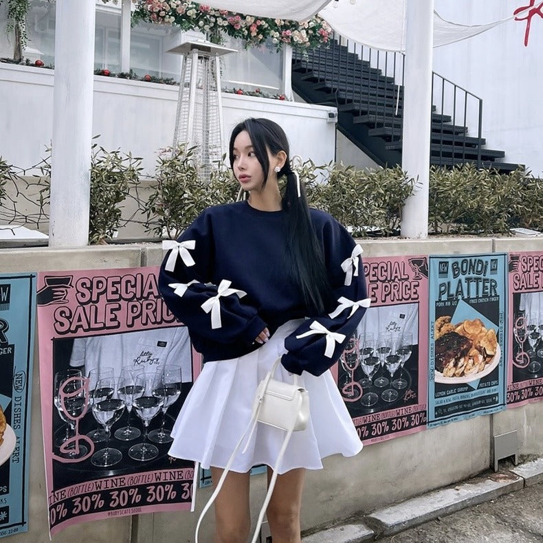 Women's Casual Loose Bow Knit Sweater with Lantern Sleeves