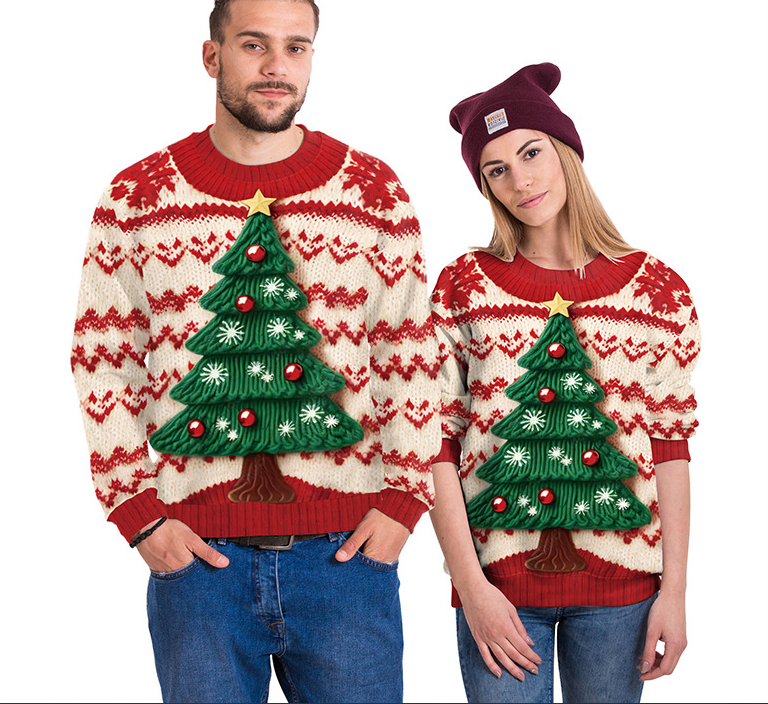 Festive Snowman Christmas Tree Print Crewneck Sweater