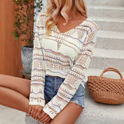 New European and American Style Holiday Hollow-out Patchwork Rainbow V-neck Thin Pullover Sweater