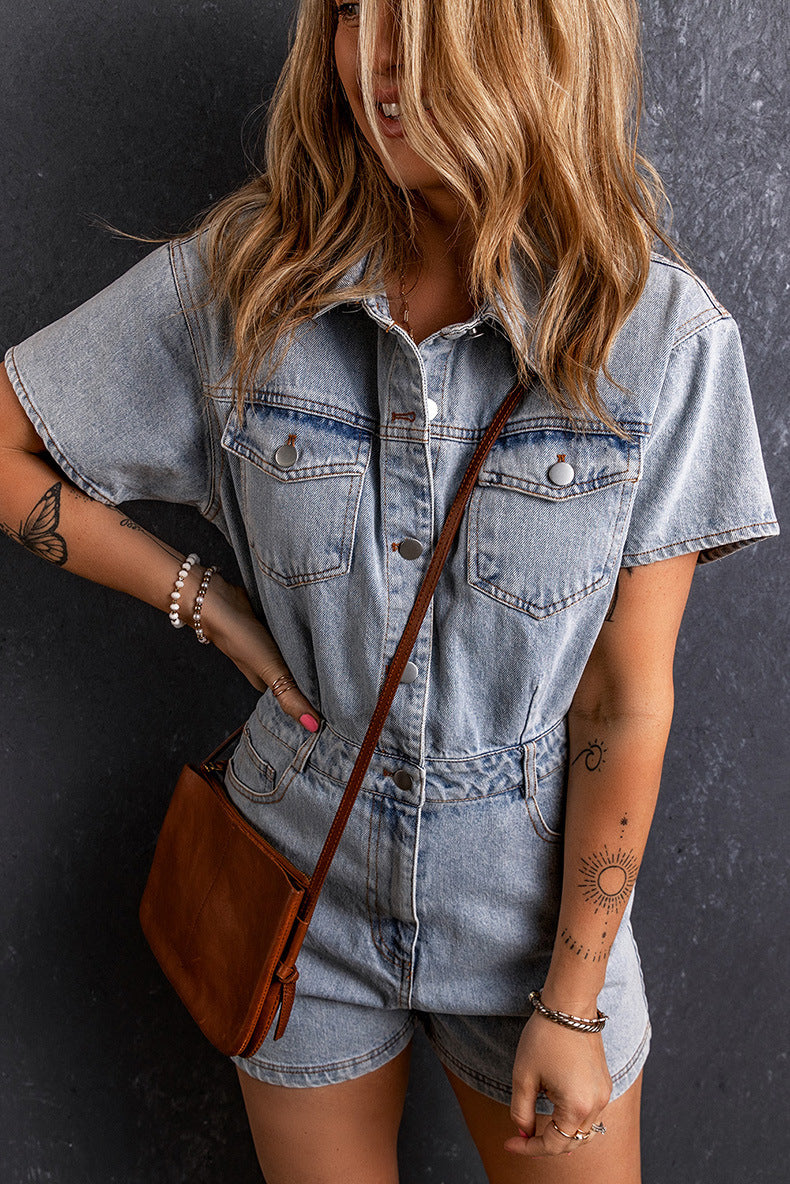Retro Washed Denim Short Sleeve Jumpsuit Romper
