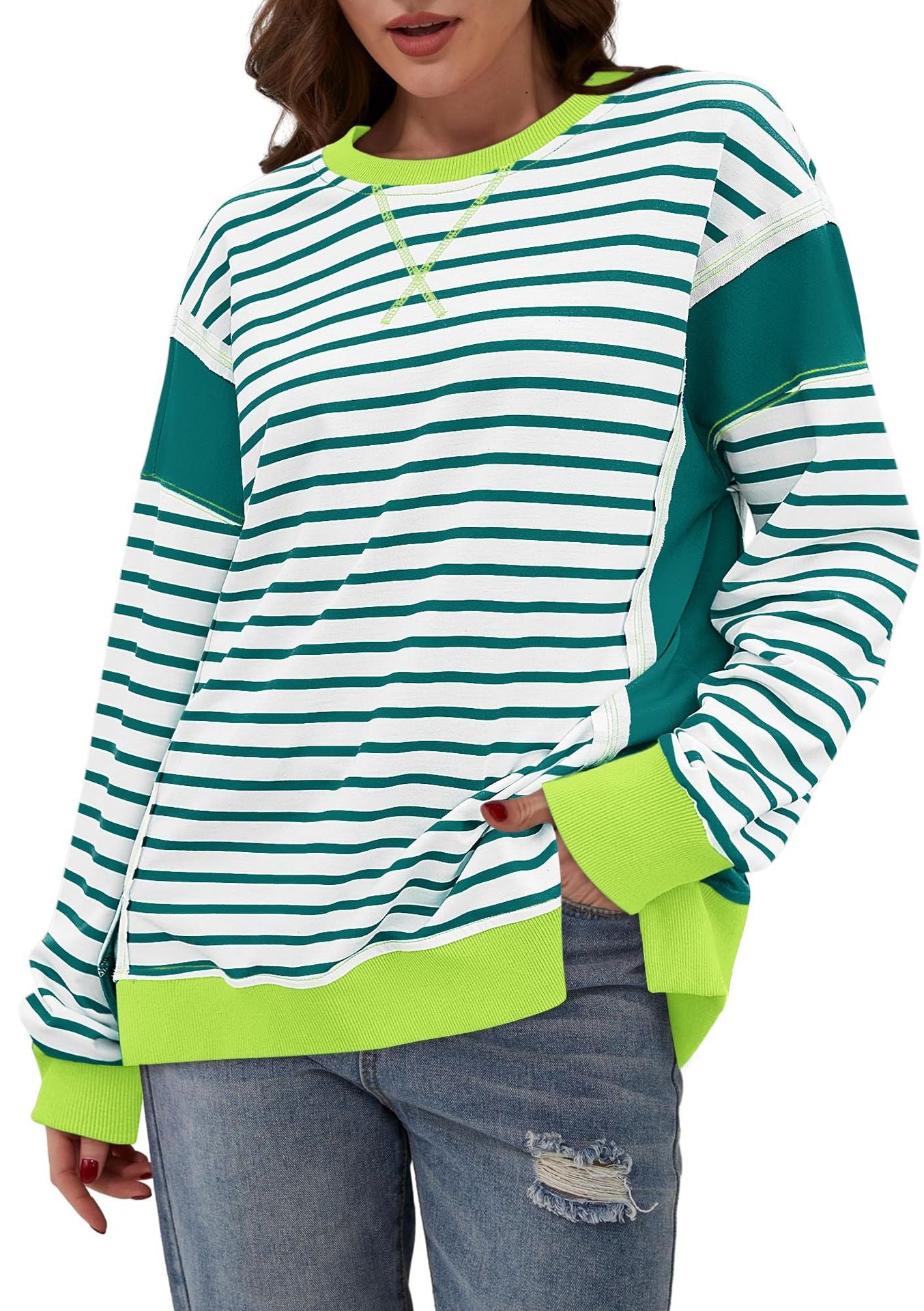 Colorblock Striped Long Sleeve Casual Pullover Sweatshirt