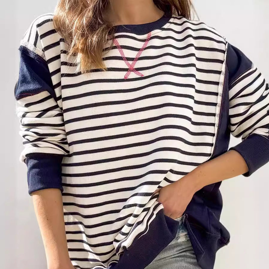 Colorblock Striped Long Sleeve Casual Pullover Sweatshirt