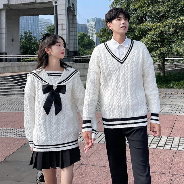 New Japanese-style Color-blocked Round-neck Thick Fairy Sweater in White