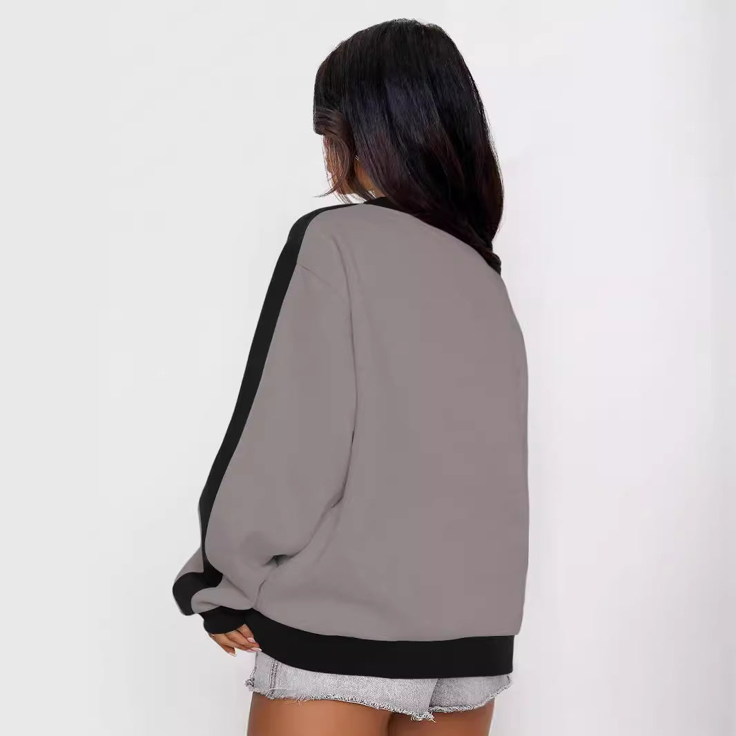 Women's Contrast Color Loose Round Neck Long-Sleeve Sweater