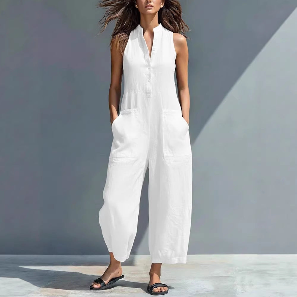 Casual Womens Sleeveless Stand Neck Pocket Jumpsuit