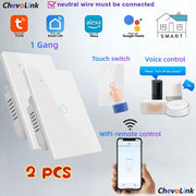 Set of Two White Smart Wi‑Fi Wall Switches with Touch Control, Voice and Timer, Neutral Wire Required