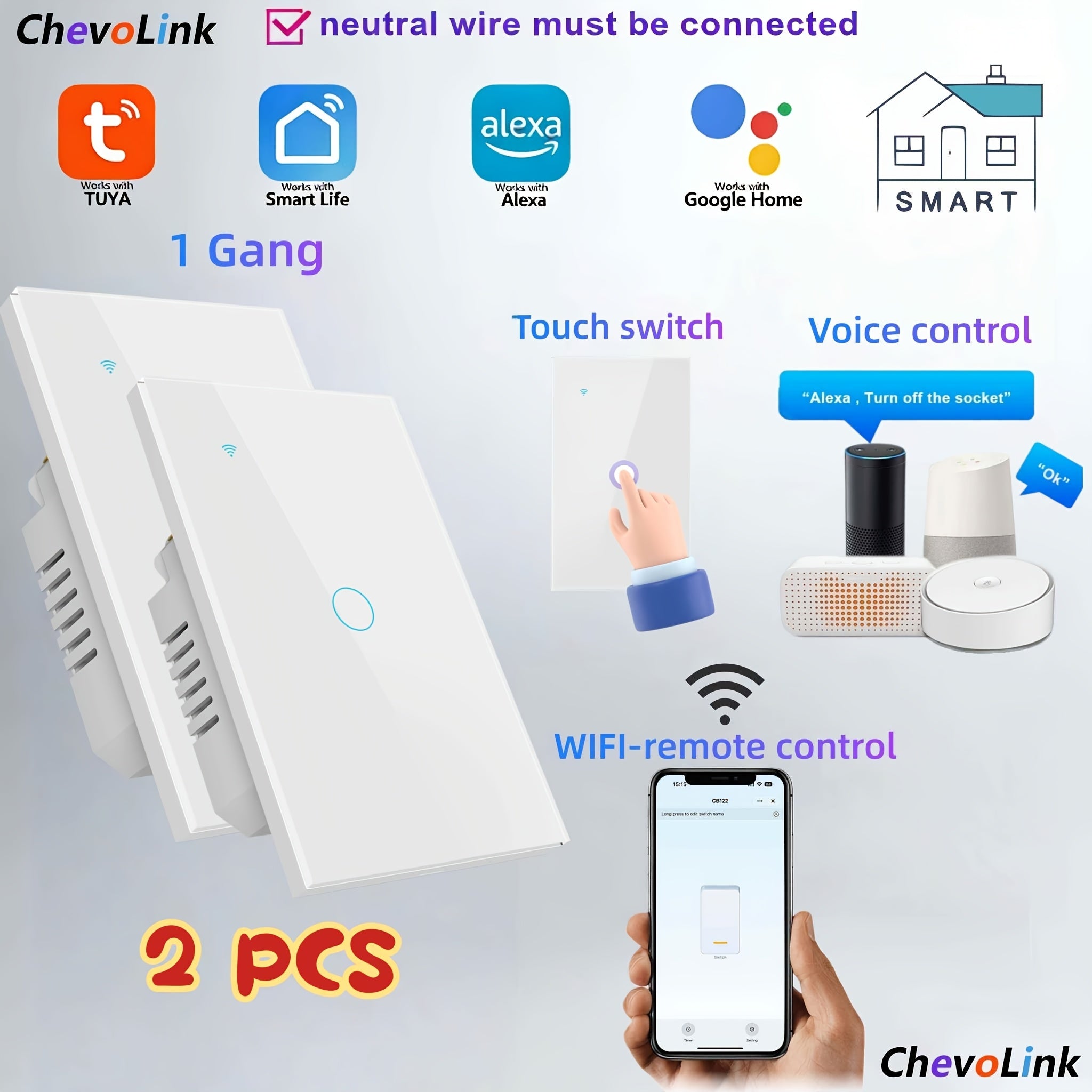 Set of Two White Smart Wi‑Fi Wall Switches with Touch Control, Voice and Timer, Neutral Wire Required