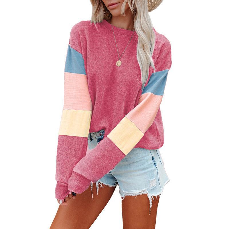 Color Contrast Round Neck Long Sleeve Women's Fashion Tee