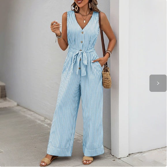 Women's Casual V-Neck Striped Sleeveless Jumpsuit
