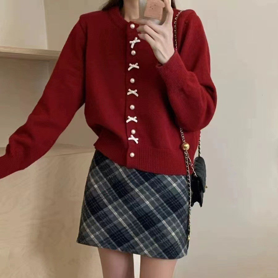 Women's Solid Color Spring and Autumn Bow Pearl Button Sweater