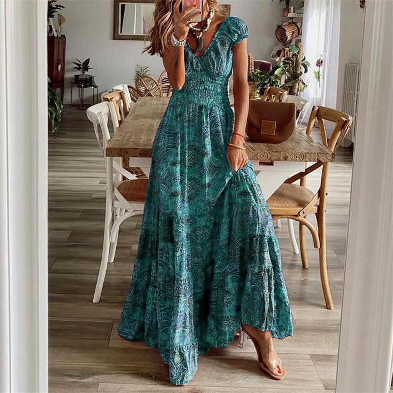 Bohemian Floral Print Cinched Waist Summer Dress