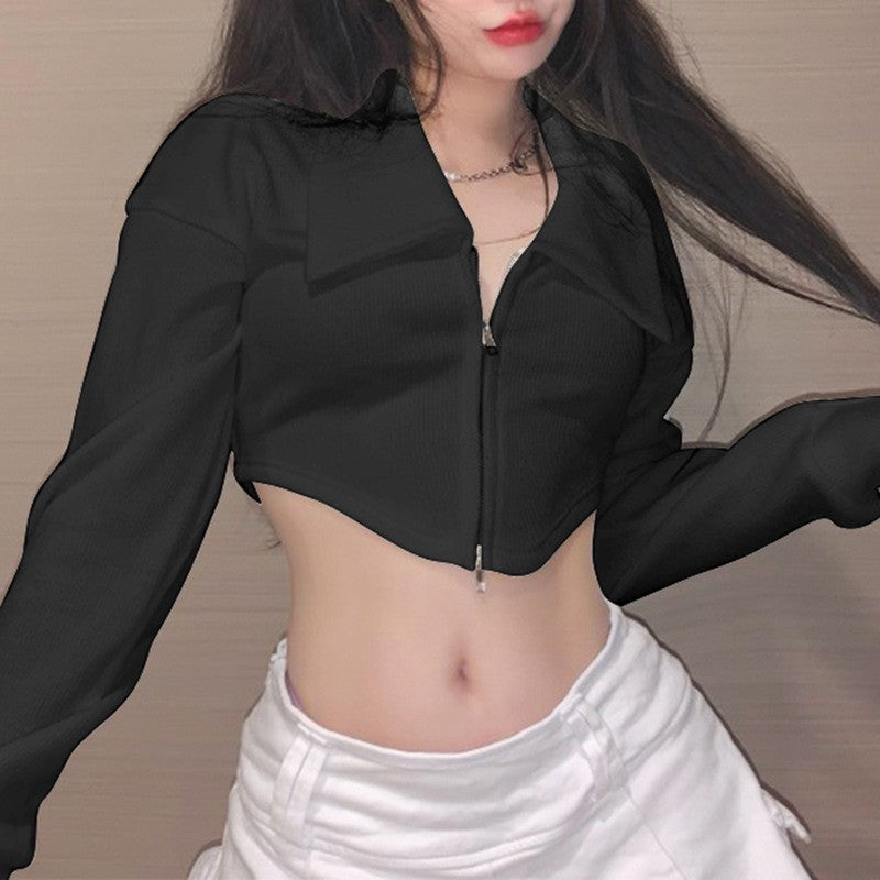 Zip-Neck Crop Cardigan Casual T-Shirt