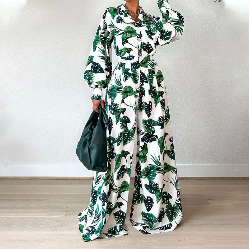 Casual Long Sleeve Printed Jumpsuit Set