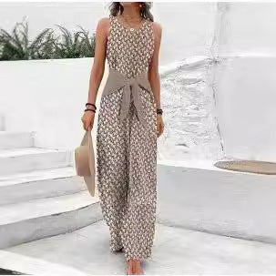 Adjustable Lace Print Backless Jumpsuit