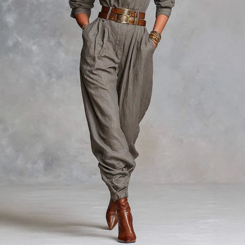 Chic Cotton-Linen Long-Sleeve Lapel Jumpsuit