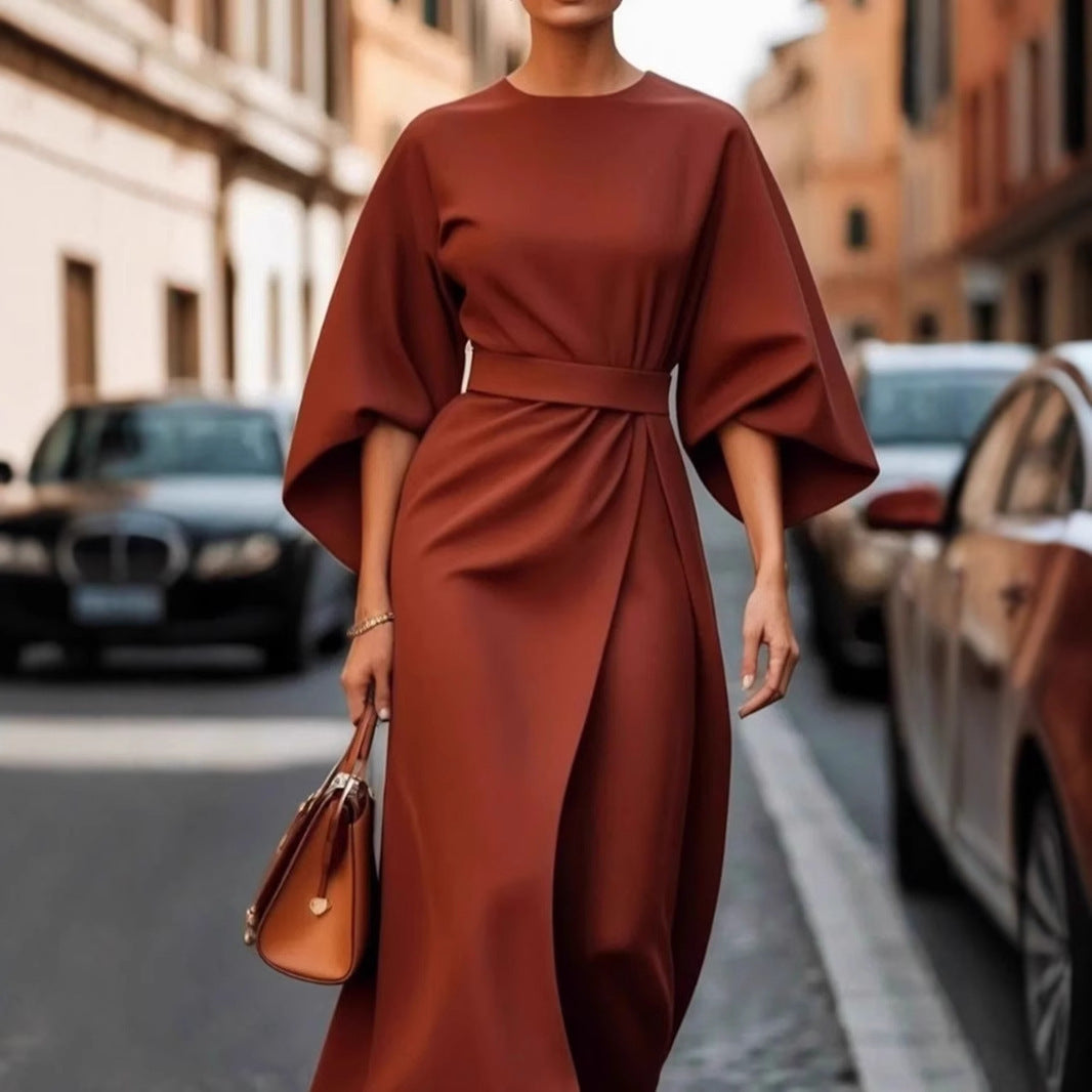 Elegant Solid Color Batwing Sleeve Casual Maxi Dress