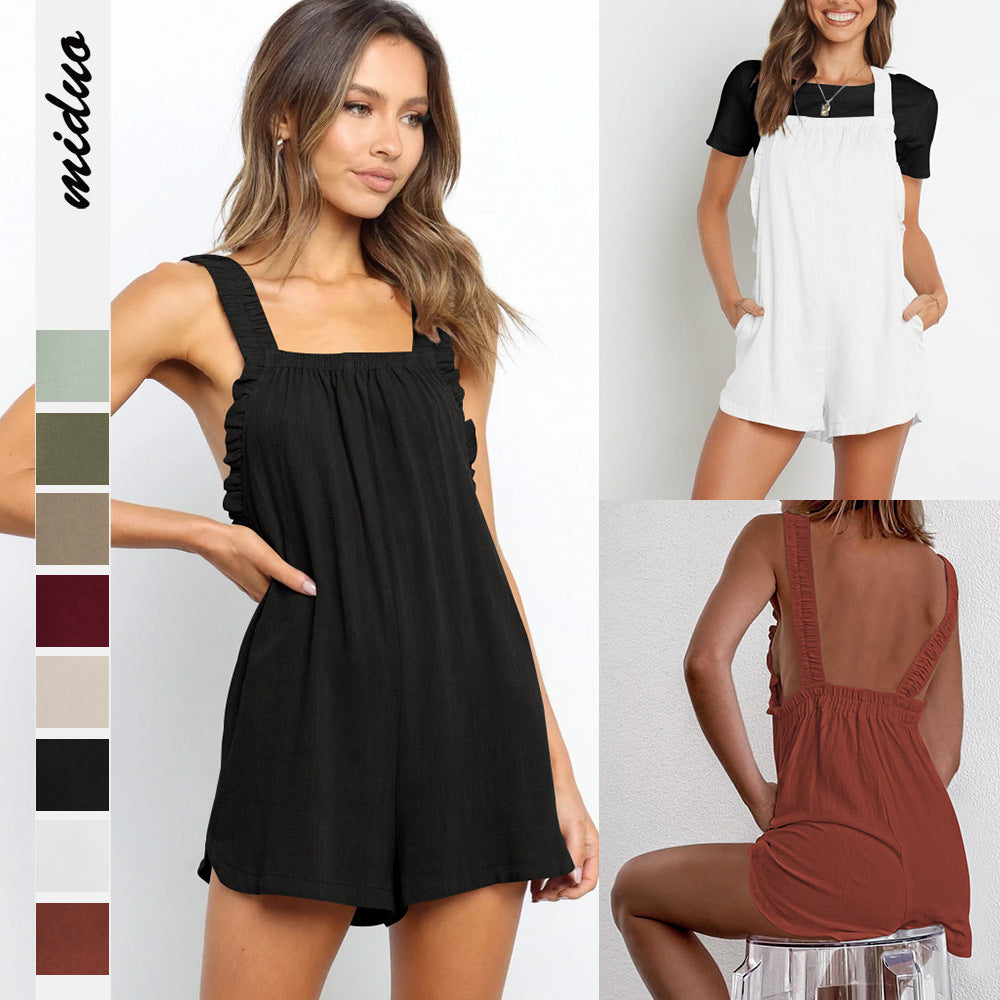 Women's Sexy Backless Lace Suspender Jumpsuit Casual Shorts