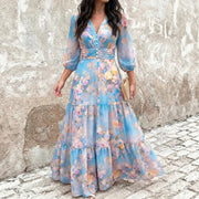 Three-quarter-sleeve Layered Ruffled Waist-cinching Dress