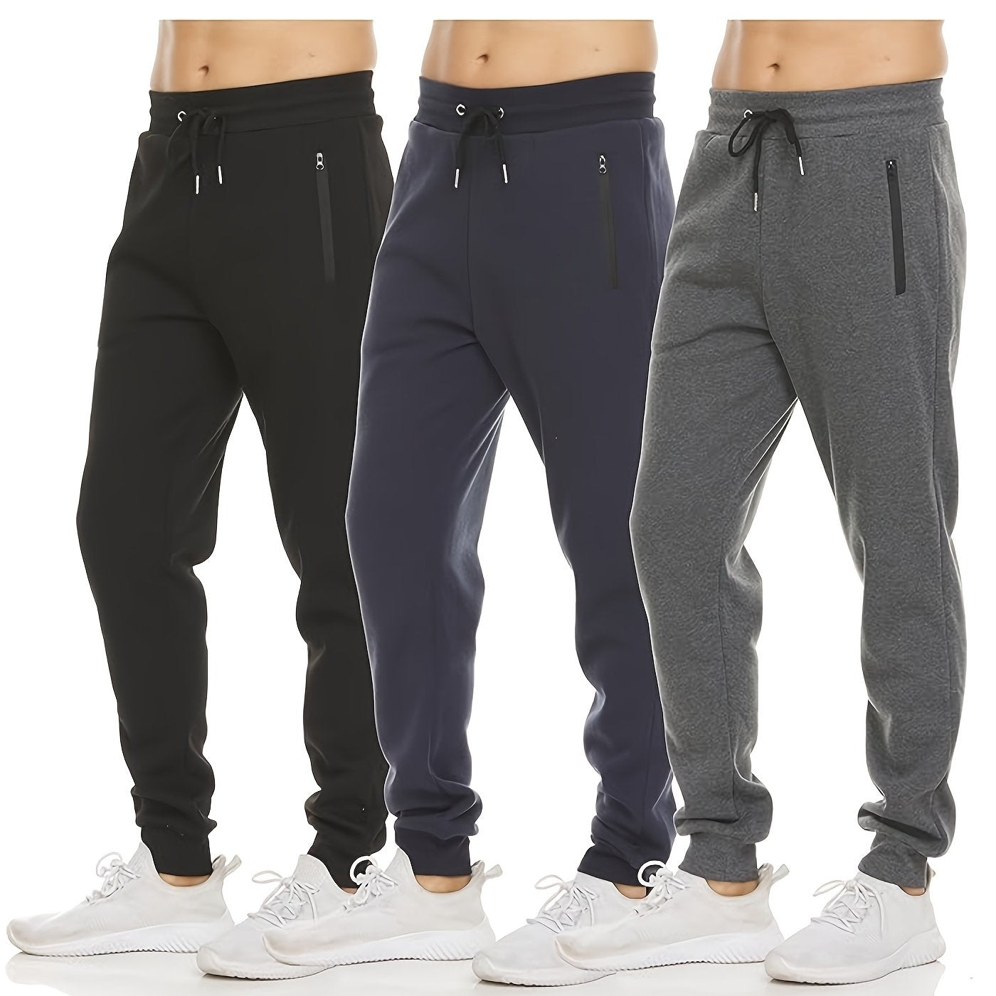 3pcs Mens Fleece Sweatpants - Casual, Sporty Joggers for Men, Athletic Pants with Zipper Pocket, S-3XL