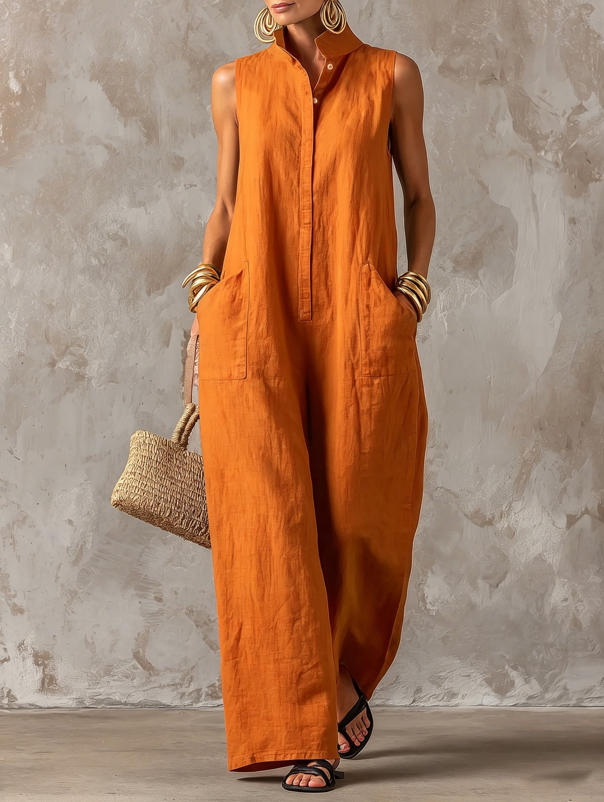 Chic Linen-Blend Stand-Collar Sleeveless Jumpsuit