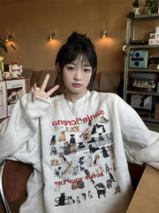Retro Cartoon Cat Puppy Gray Cotton Crewneck Sweater