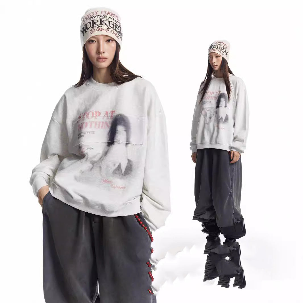 Retro Graphic Print Oversized Pullover Sweater