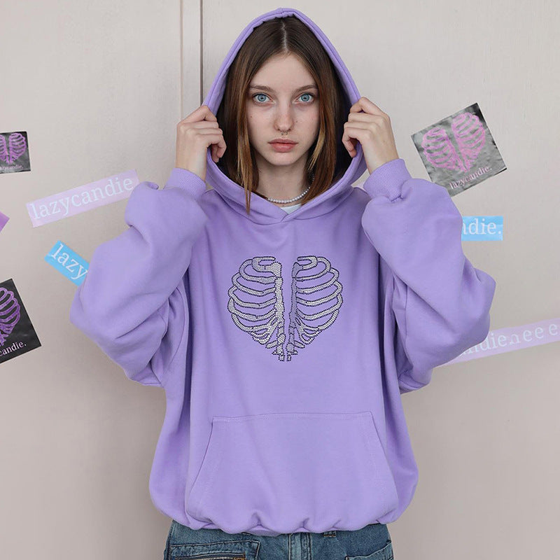 Sparkly Skeleton Rhinestone Y2K Loose Hoodie