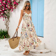 Womens Floral-print V-neck Strap Waist-cinching Swing-sleeveless Dress