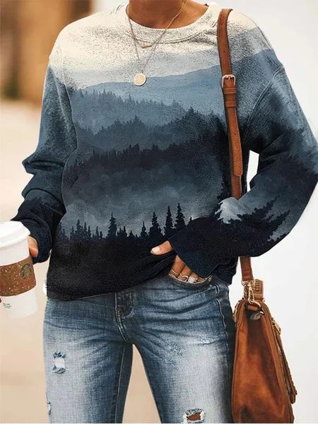 Floral Landscape Print Long Sleeve Pullover Sweatshirt