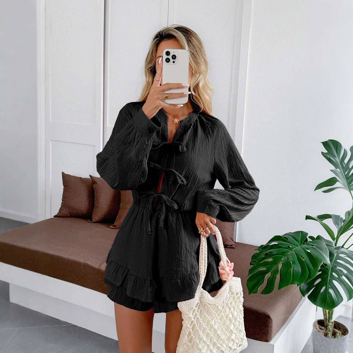 Chic Lace-Up Long Sleeve Wide Leg Jumpsuit for Women