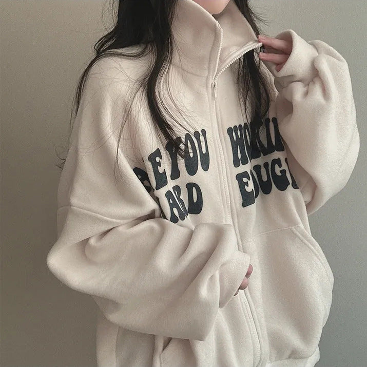 Women's Plus Velvet Alphabet Zip-Up Loose Cardigan Sweater