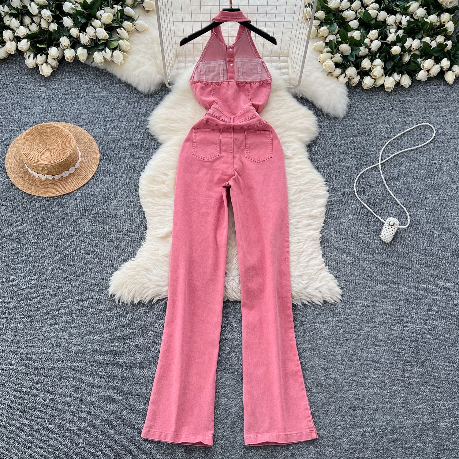 High Waist Backless Slim Fit Denim Jumpsuit