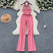 High Waist Backless Slim Fit Denim Jumpsuit
