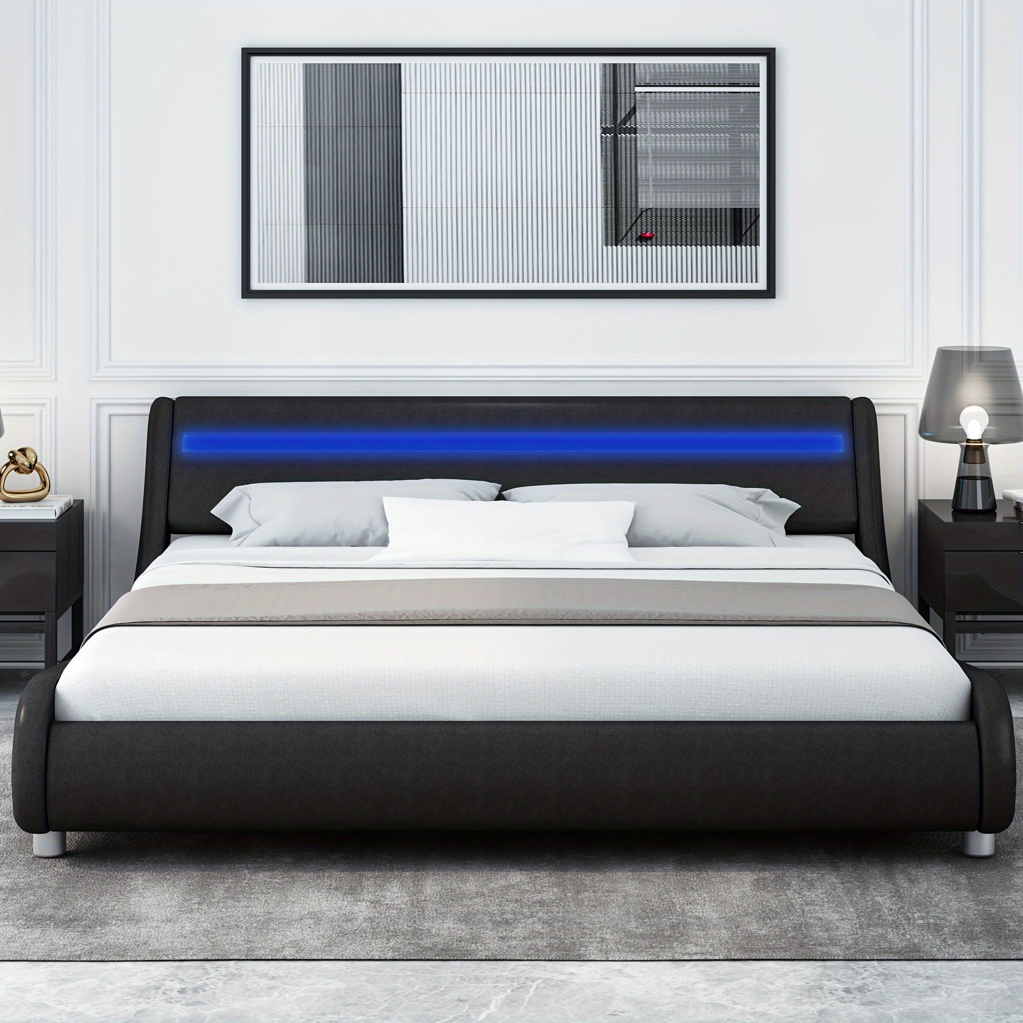 Modern Upholstered LED Bed Frame with Adjustable Faux Leather Wave Headboard
