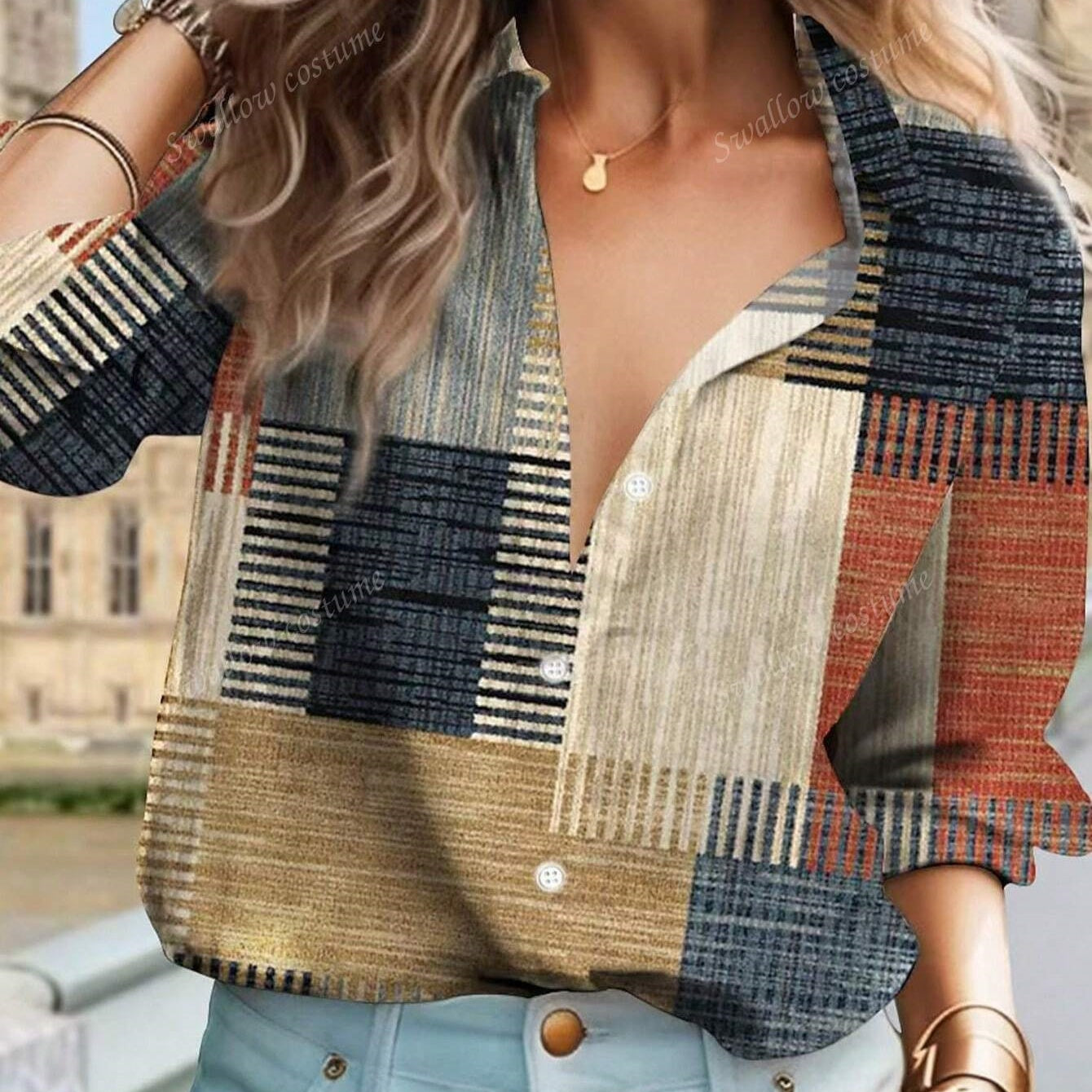 Color Block Button Print Long Sleeve Casual Retro Shirt