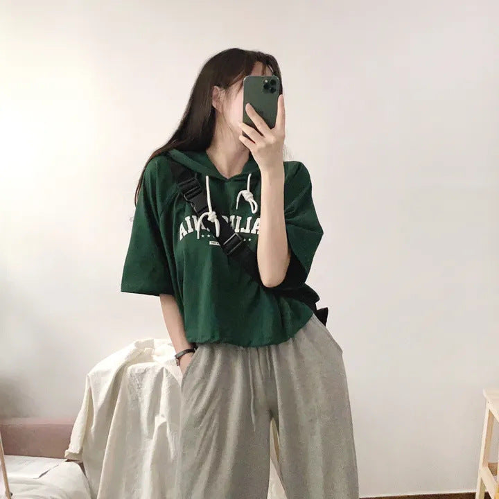 Casual Letter Print Short Sleeve Hooded Tee