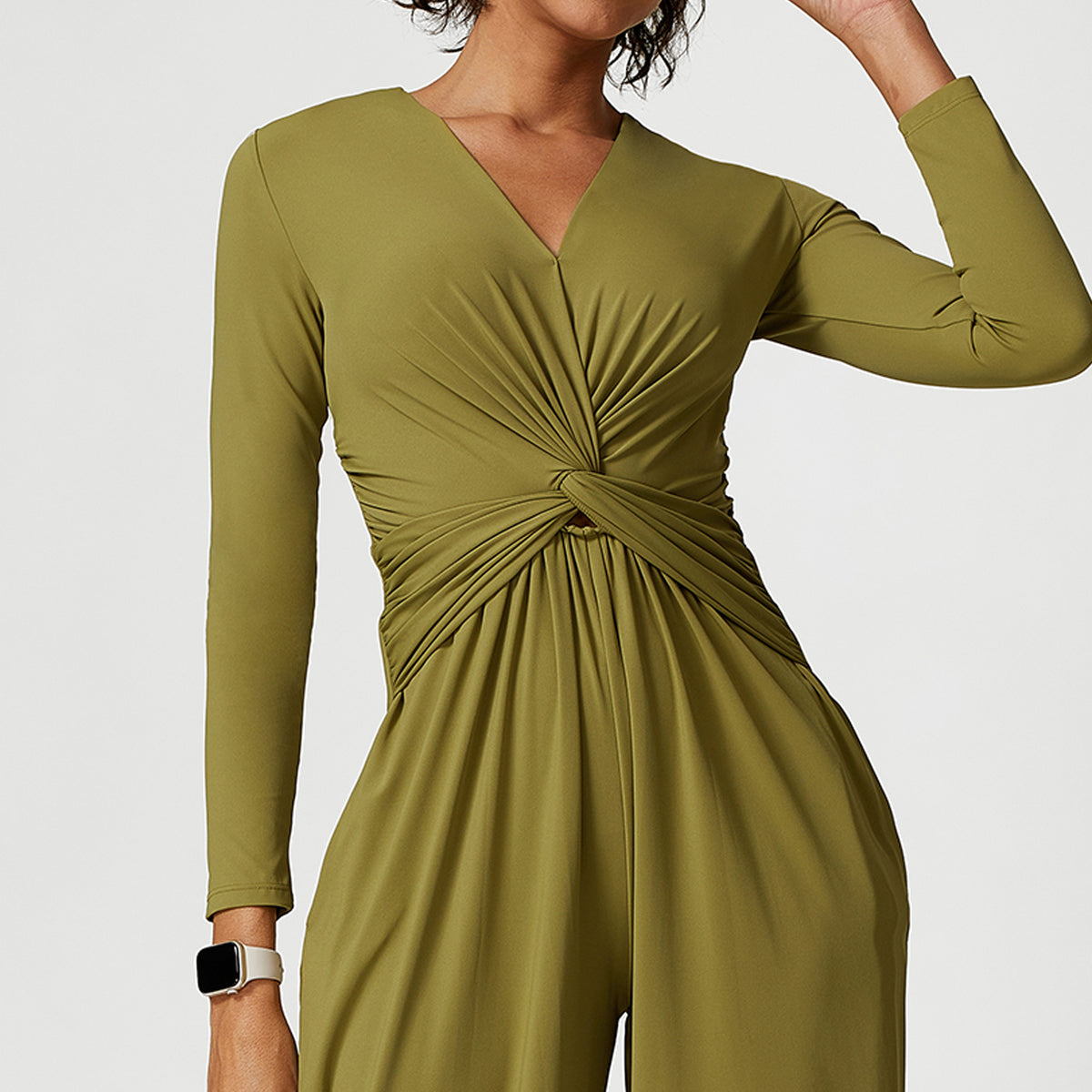 V-neck Pleated Design Sense High Slit Yoga Dress Women