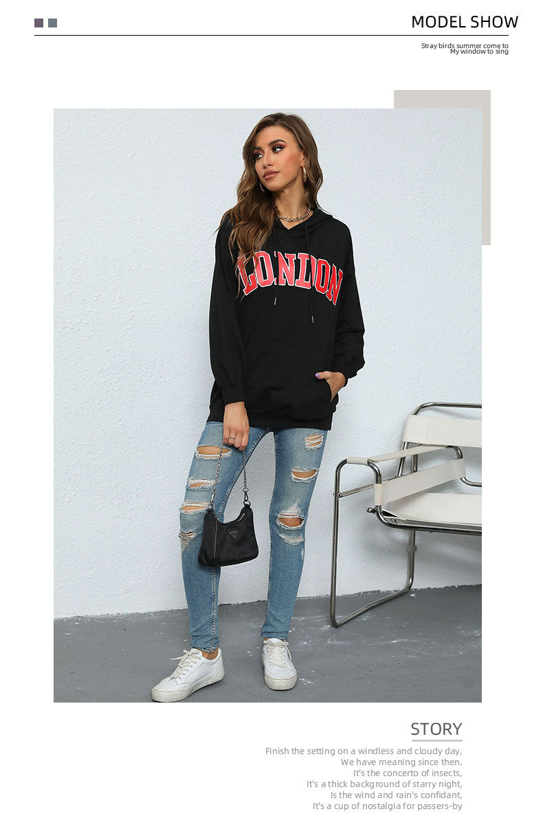 Women's Letter Print Casual Hooded Pullover Sweatshirt