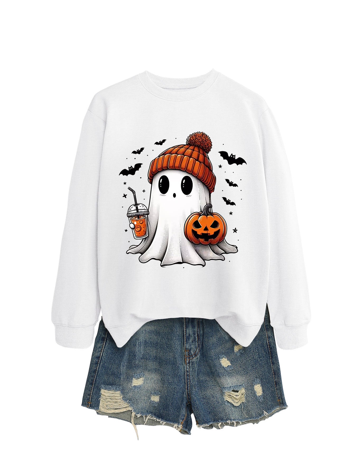 Pumpkin Print Long Sleeve Crew Neck Sweatshirt