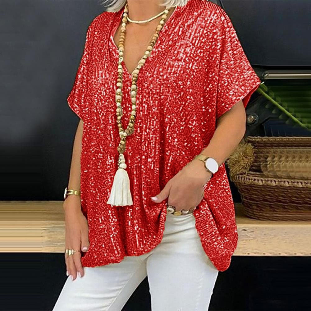 Women's Sequined V-Neck Loose Pullover Top