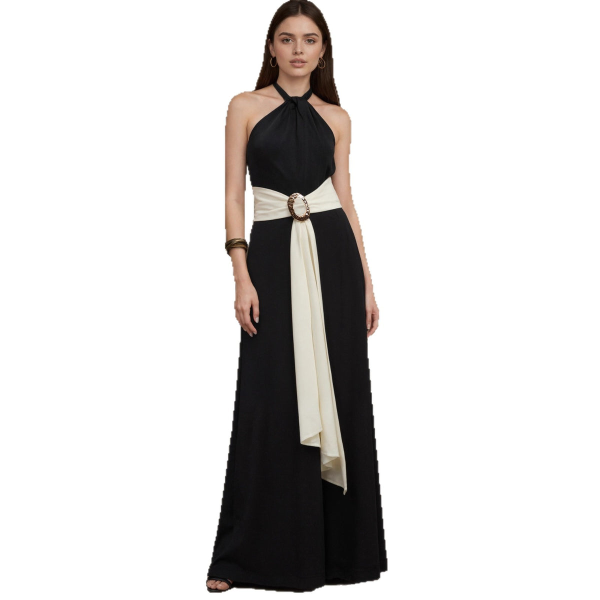Chic Color-Blocked French Halter Wide-Leg Jumpsuit