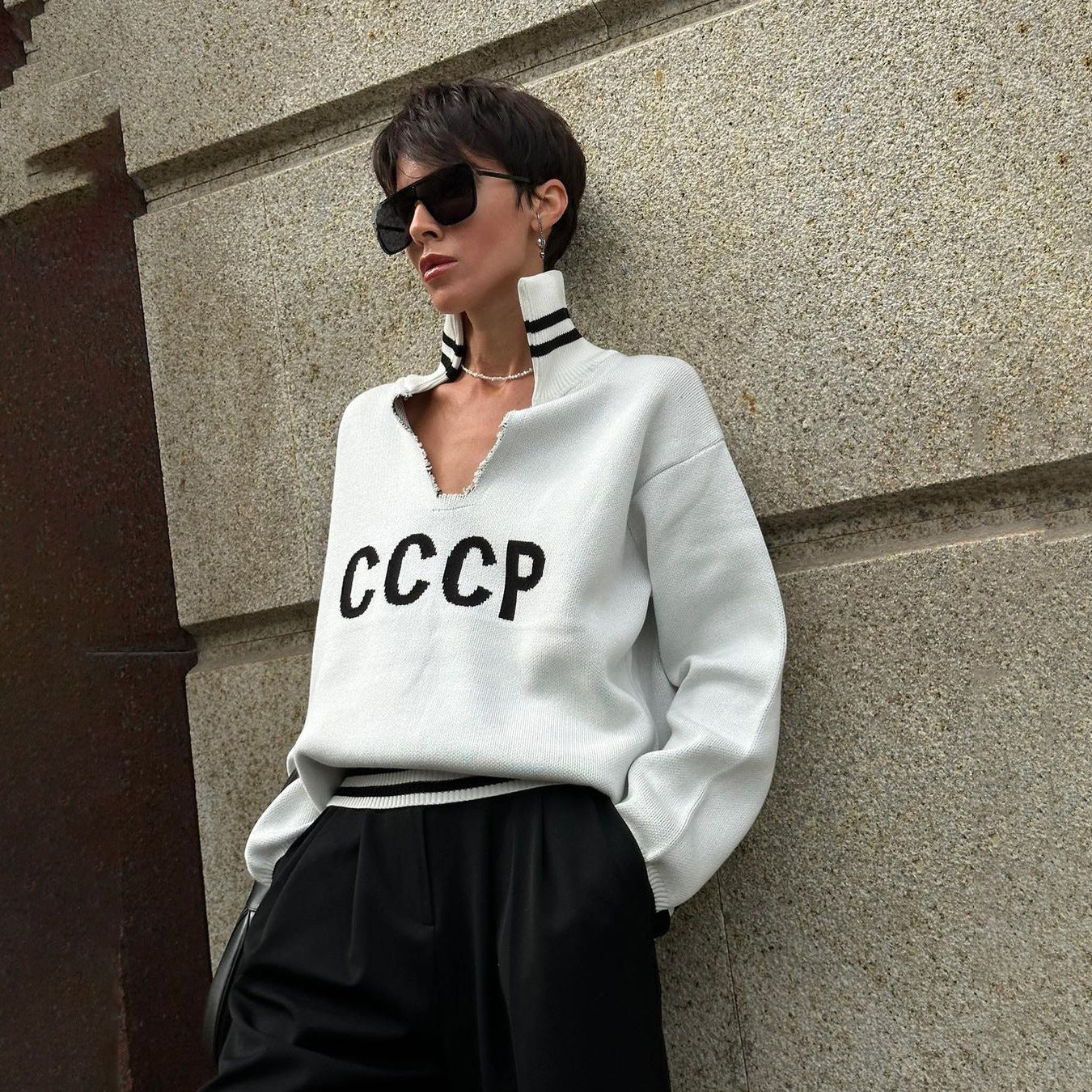 Chic Letter Lapel Yarn-Dyed Knit Sweater