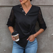 Elegant Black Lace-Trimmed V‑Neck Long‑Sleeve T‑Shirt