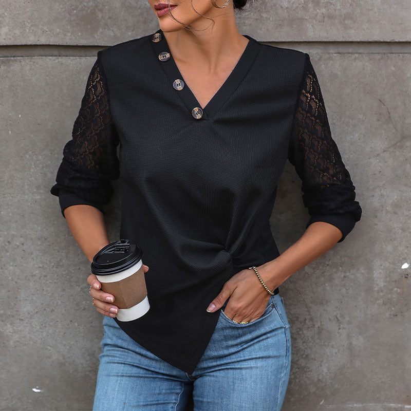 Elegant Black Lace-Trimmed V‑Neck Long‑Sleeve T‑Shirt