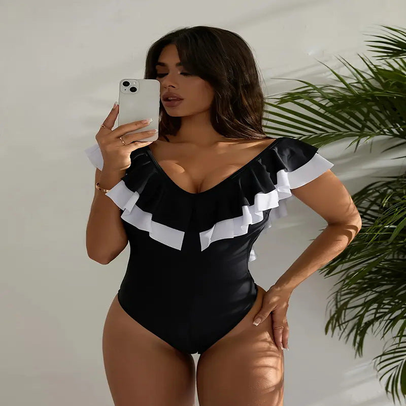 Black & White Ruffled Tummy-Flattering One-Piece Swimsuit